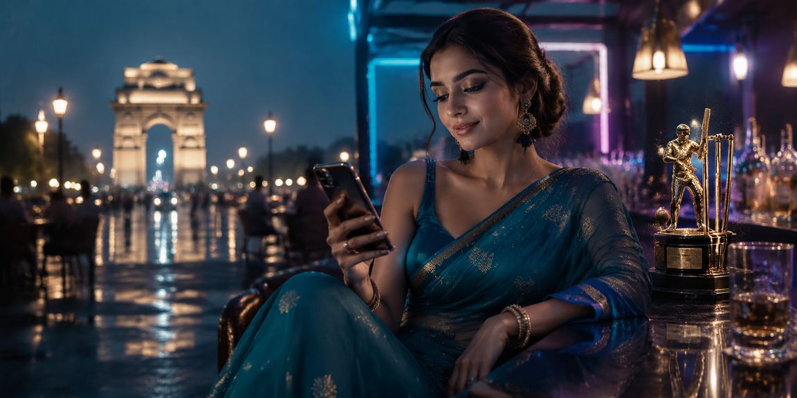 Excited young Indian woman placing online bets on mobile at Delhi India Gate