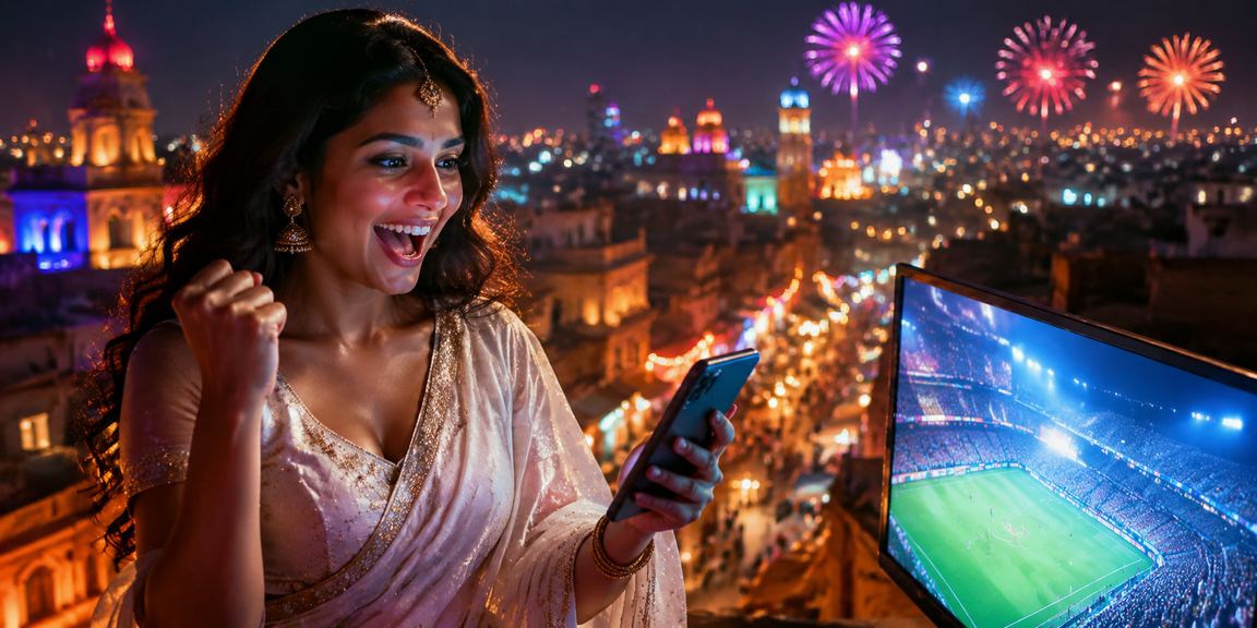 Indian woman enjoying rummy and sports betting on mobile device