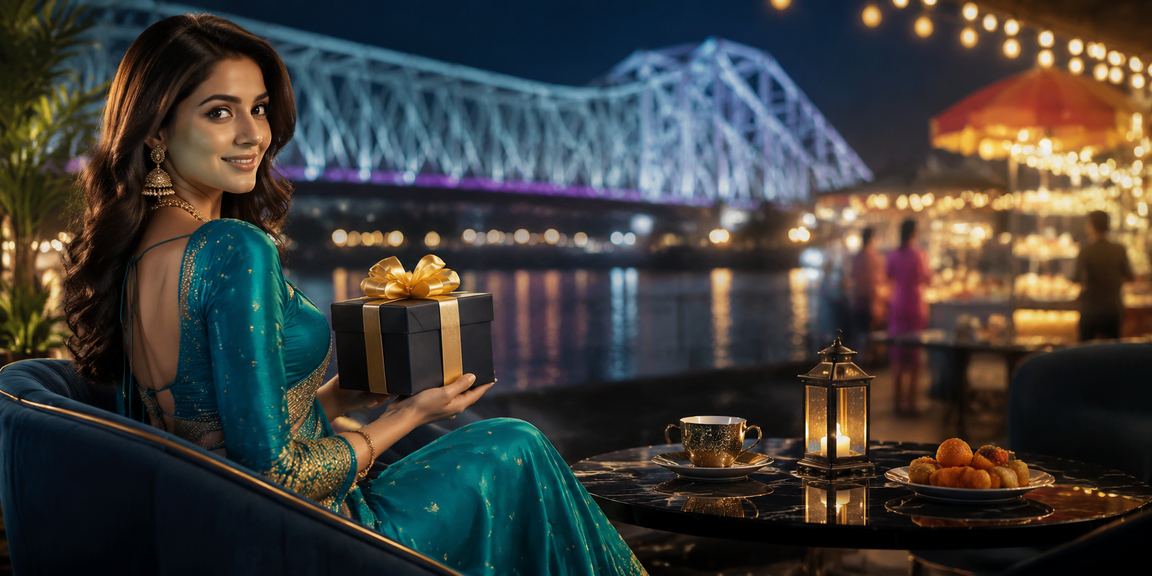 Elegant Kolkata woman with saree and mobile app open