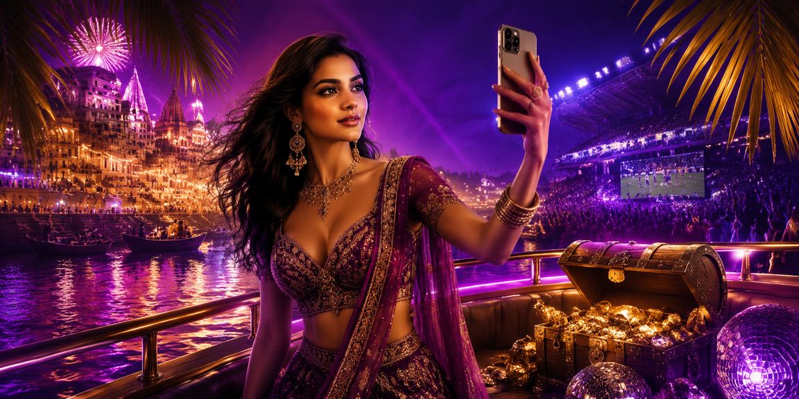 Varanasi riverside outdoor setting with mobile online casino player